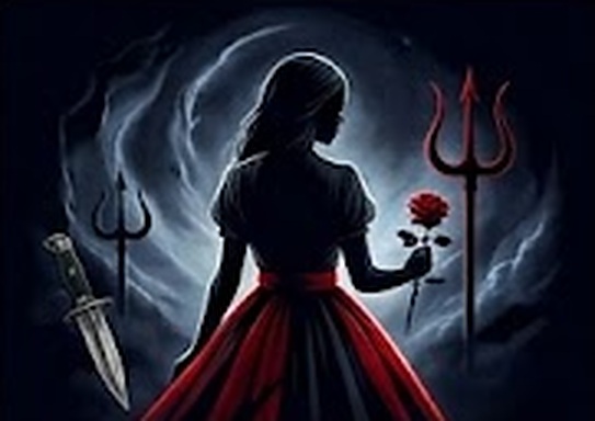 Ilustración de María Quintera: silueta de espaldas, en penumbra, con falda roja y una rosa en la mano, entre tridentes y una daga, con humo nocturno de fondo