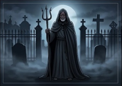 Ilustración de Tata Caveira: anciano sabio con capa y capucha, sosteniendo un tridente en un cementerio entre la niebla